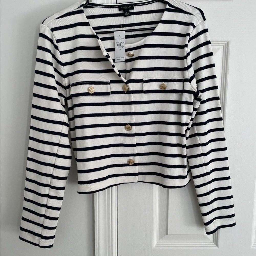 Ann Taylor Navy & White Striped Cropped Blazer with Gold Buttons